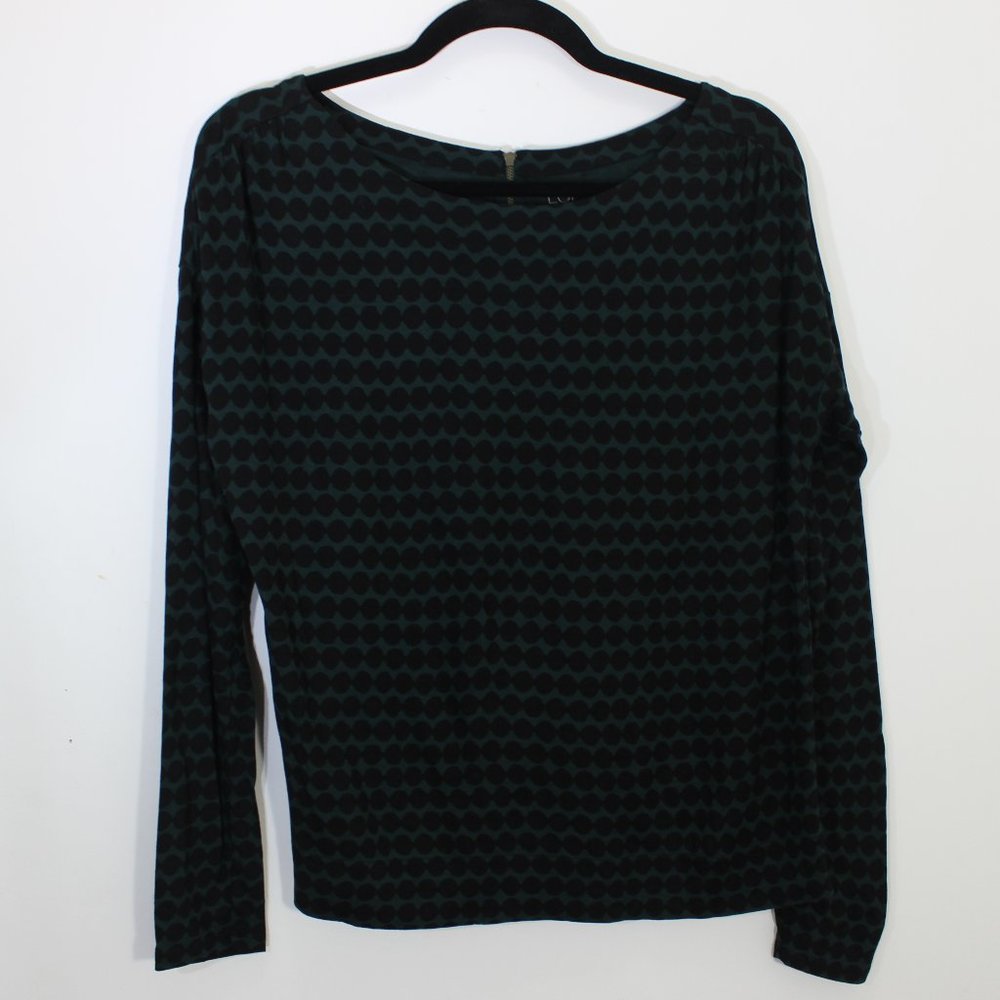 LOFT Soft Green Black Dot Zip Back Top S
